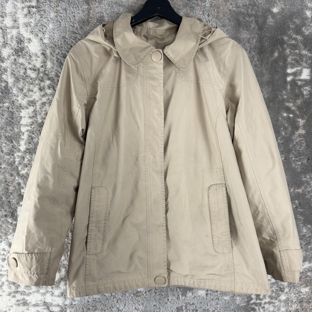 LL Bean Petite Sz PL Outdoor Snap Button Casual Jacket Beige Hooded Long Sleeve